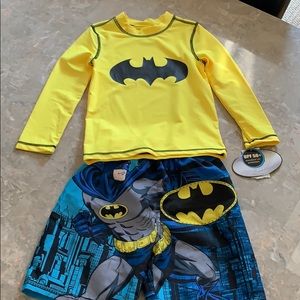 Batman sun shirt and swim shorts.